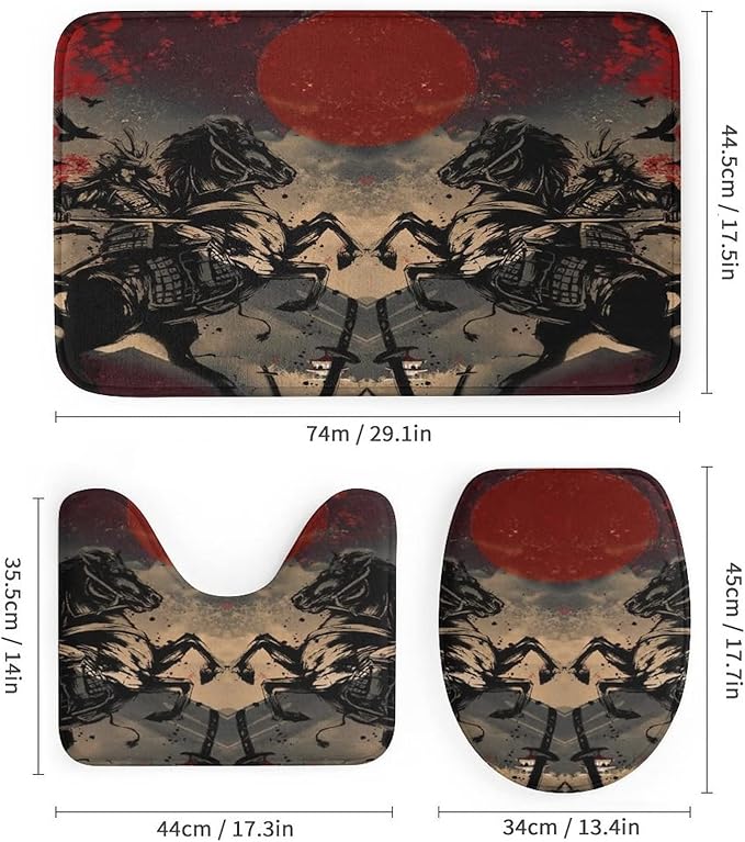 Abstract Japanese Samurai Shower Curtain Sets with Rugs 4 Piece Accessories Bathroom Curtains Shower Set Include Shower Curtain Non-Slip Rug Toilet Lid Cover Bath Mat One Size