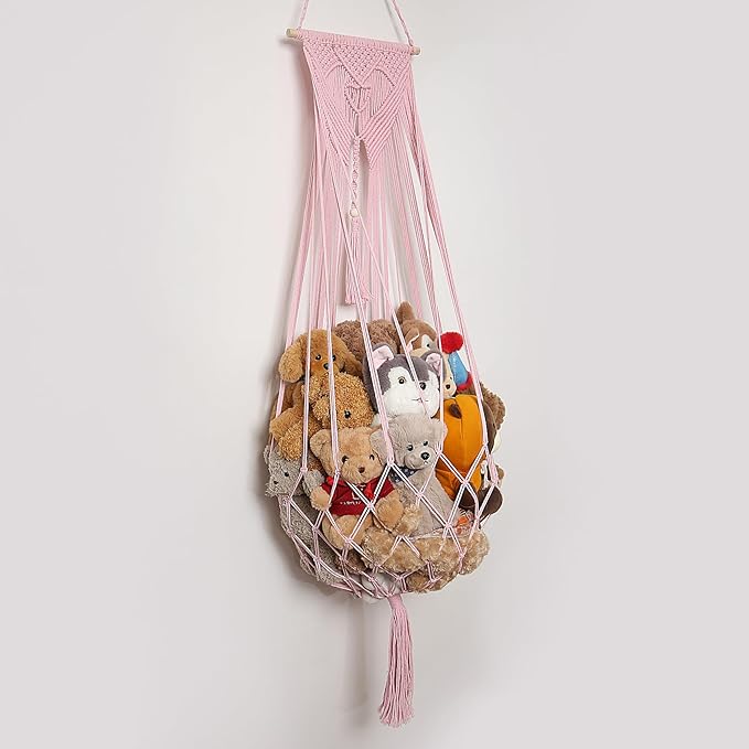 Stuffed Animal Net or Hammock Corner or Wall Hanging Net for Plush Toy Storage Boho Macrame Toy Display Nursery Bedroom Decor Stuffy Animal Toy Organizer (Pink)