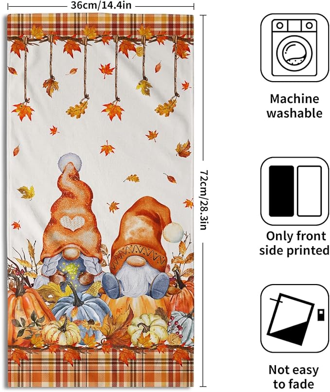 Hello Fall Gnome 2-Piece Autumn Maple Leaves Pumpkins Hand Fingertip Towels Orange White Buffalo Plaid Highly Absorbent Towels for Bathroom Kitchen SPA Gym 14"x28"