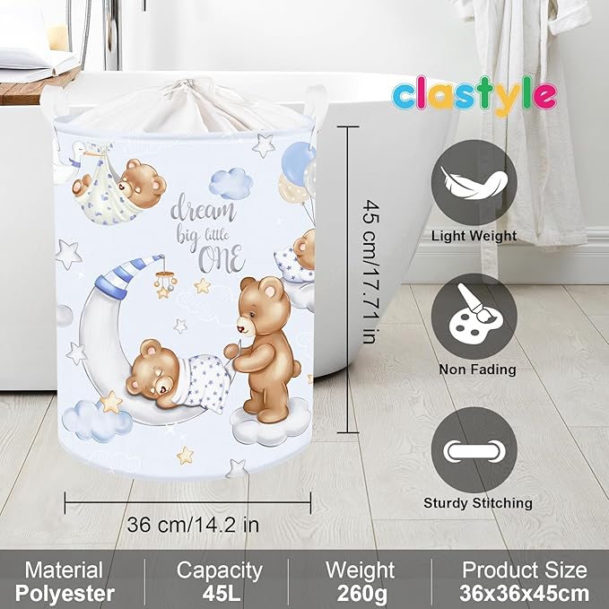 Clastyle 45L Large Blue Sleeping Bear Kid Boy Girl Laundry Hamper with Handle Collapsible Star Moon Clothes Toy Storage Basket with Lid for Nursery