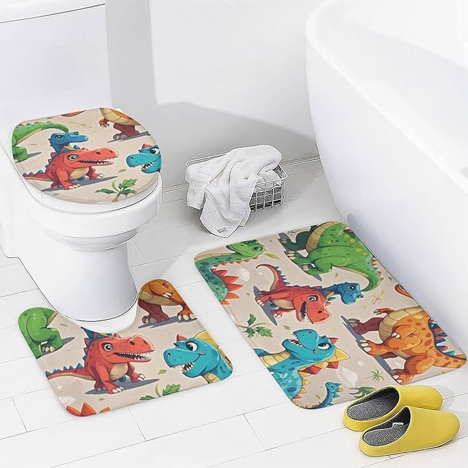 4 Piece Bathroom Rug Set with Shower Curtain, Non-Slip Bath Mat Toilet Cover Set, Cartoon Dinosaur Bathroom Rug Sets