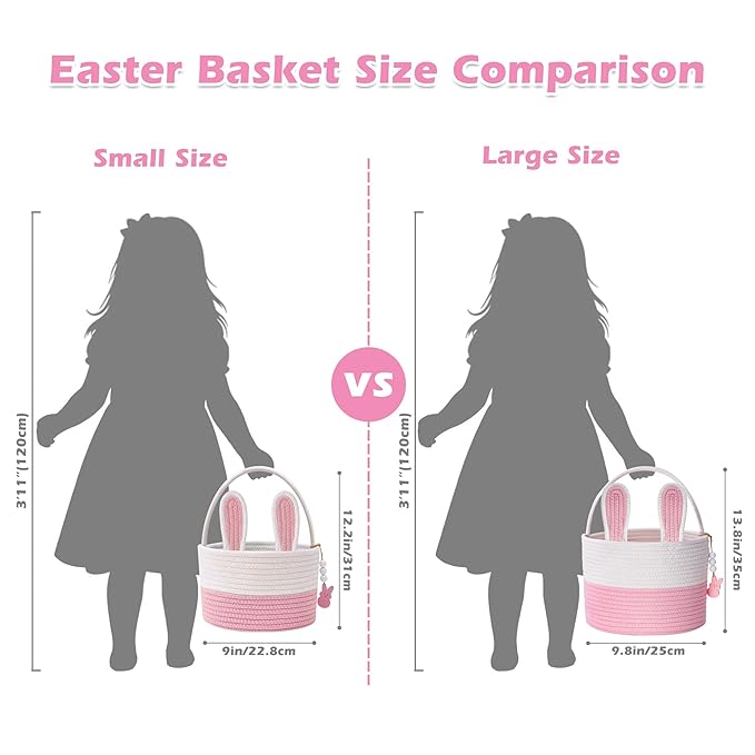 Easter Baskets for Kids, Pink Small Woven Rope Bunny Personalized Easter Basket Empty with Handle, Basket Name Tag, Baby Egg Easter Baskets for Girls Boys Toddler Babies Infant, 9" x 9" x 6.3"