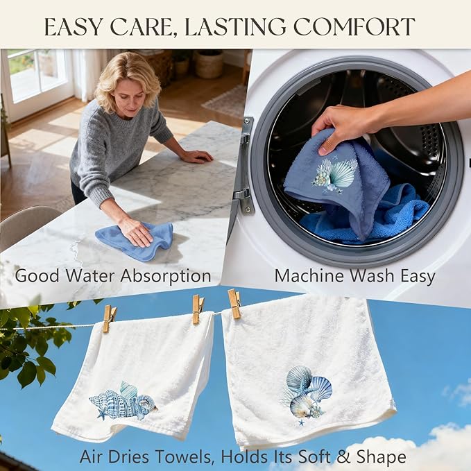 4 Pcs Ocean Hand Towels for Bathroom Shells Hand Towels Blue Embroidered Towel Coastal Bath Towel Decorative Set Bathroom Decor Bath Shower Farmhouse Decor Housewarming Gift Shell Home Essentials