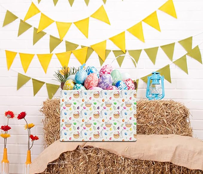 Rectangle Easter Egg Basket,Easter Gift Basket Empty with Handles,Cute Organizer Storage Bin,Books Box,Room Decor(Watercolor Eggs)