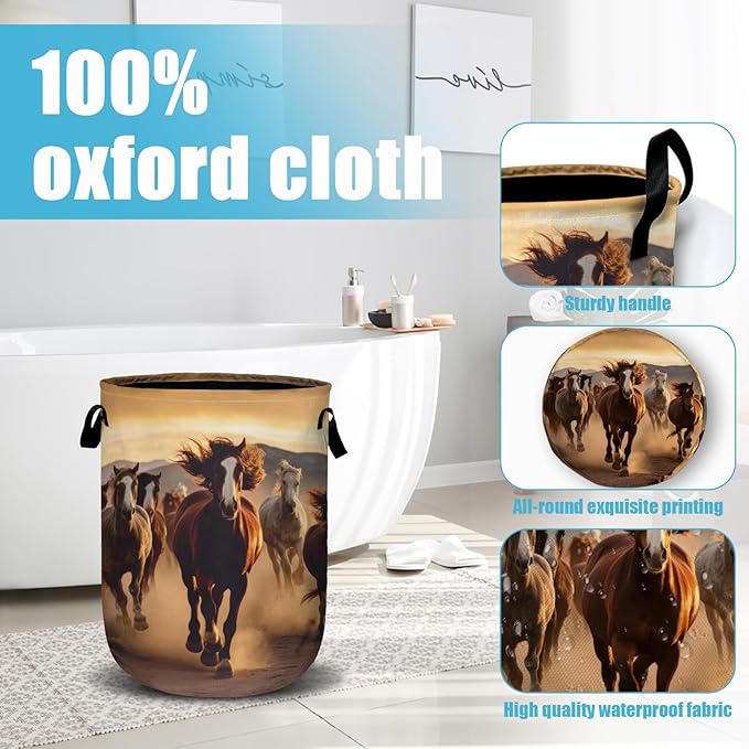 Running Horse Laundry Basket, Laundry Hamper Collapsible Oxford Cloth with Handle Clothes Toy Storage Bin for Bathroom Laundry Room Bedroom 15.7 X 20 Inch