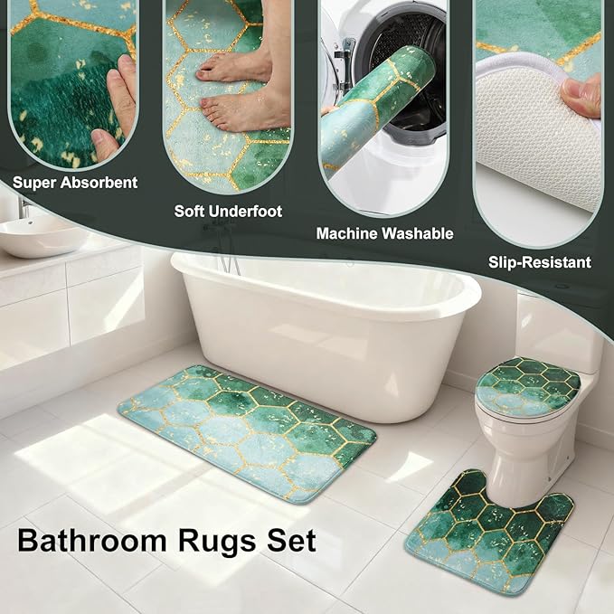 25 Pieces Bathroom Set Green and Gold Bathroom Accessories Set, Shower Curtain and Rugs, Trash Can, Toilet Brush, Soap Dispenser, Soap Dish, Toothbrush Holder, Tumbler, Tray, Qtip Holder