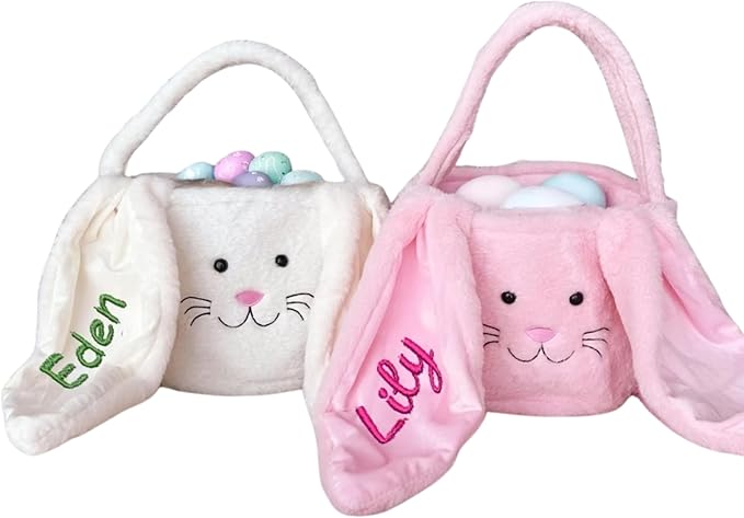 Personalized Easter bunny basket, Plush Embroidered Easter basket, Bunny Basket with Name,Easter egg hunt basket,Custom Easter Bucket (Brown)