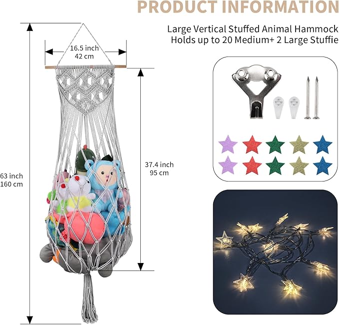 Stuffed Animal Storage w/ LED Star Light, 63 Inch Jumbo Toy Hammock Wall Ceiling Over Door Hanging Organizer Net for Stuffed Animals, Gray Stuffed Animals Hammock Corner for Kid Girls Boys Gift