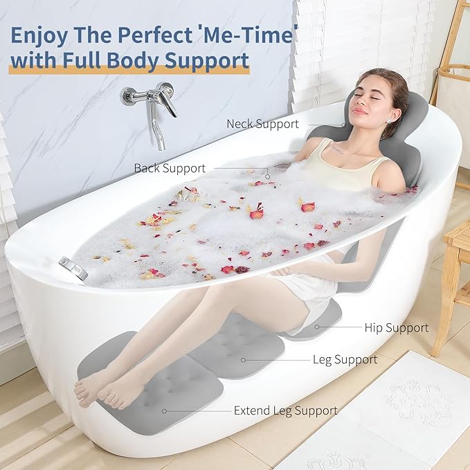 Bath Cushion, Full Body Bathtub Pillow with 160 Suction Cups, Bath Mat for Head and Neck Support, with Laundry Bag (Dark Gray, 60" x 16")