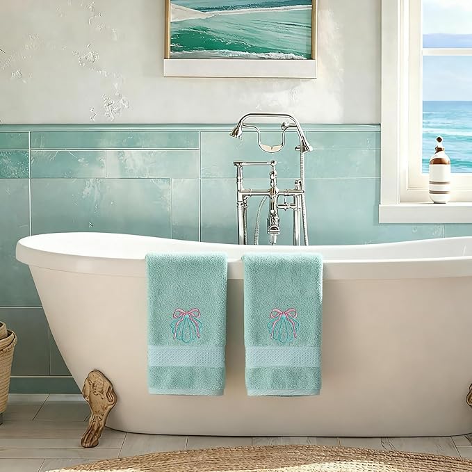 2 Pcs Shell Hand Towels Mint Blue Bathroom Decor 14x29 Inch Embroidered 100% Cotton Soft Absorbent Beach Summer Decorative Hand Towels for Bathroom Kitchen