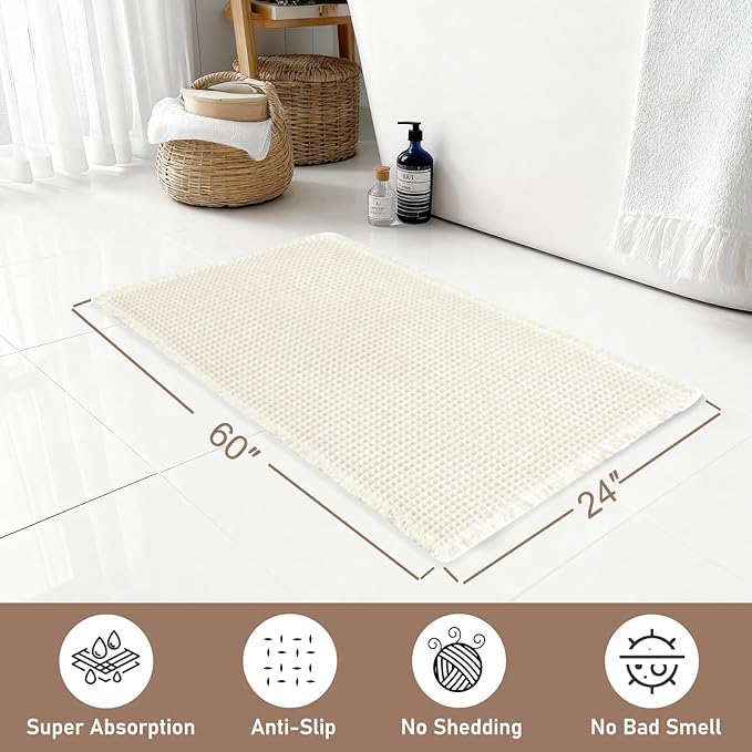 Hiasan Waffle Bath Mat, Super Absorbent Non Slip Bathroom Boho Rug with Tassels, Machine Washable Bath Mats for Bathroom, Ultra Soft Rubber Backed Rug, White, 24 x 60 Inches