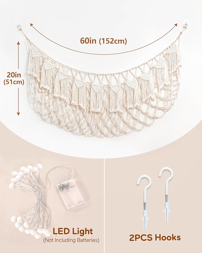 Stuffed Animal Hammock Net with Lights - Big Wall Hanging Stuffed Animal Storage for Plushies and Teddy Bears,Boho Macrame Toy Hammock Organizer Holder for Kids Boys Bedrooms Playroom Nursery （White）