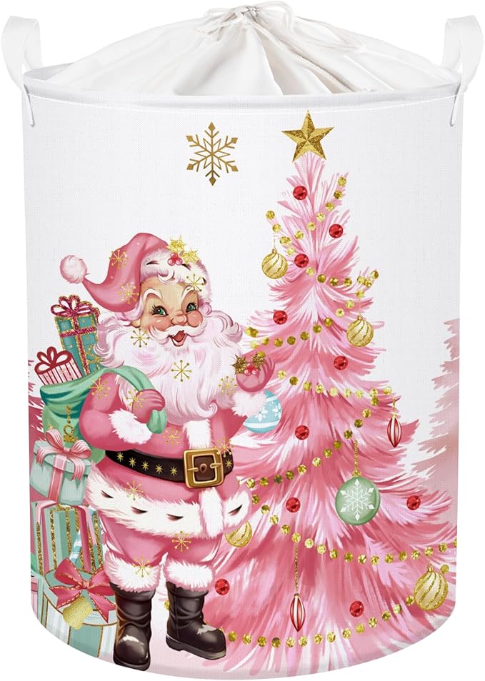 Pink Santa Claus Baby Laundry Hamper Christmas Clothes Kids Storage Basket Large Poinsettia Reindeer Sleigh Snowflake Girls Gift Toy Box Bin, Tree, 63L