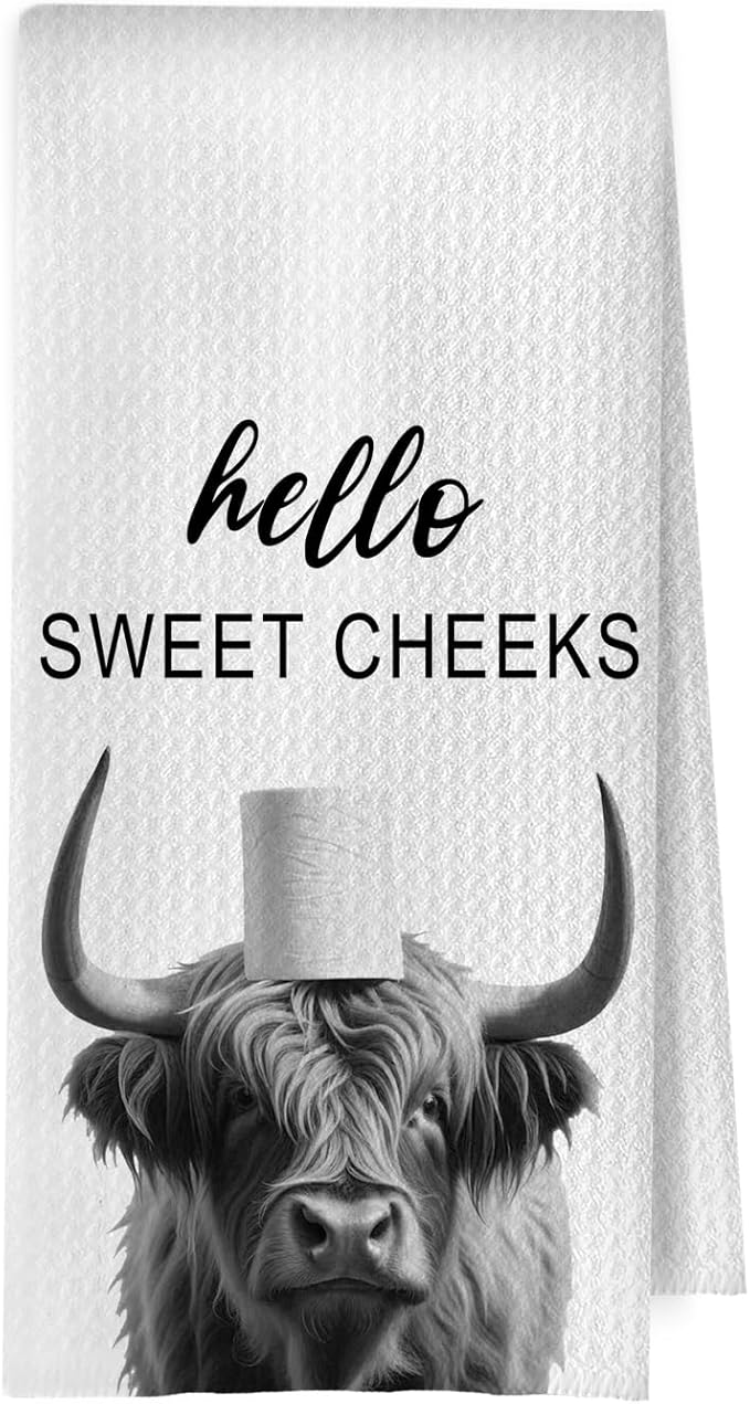 Highland Cow Bathroom Towels - Farmhouse Highland Cow Decorative Waffle Weave Hand Towels, Funny Bathroom Hand Towels, 16×24 Inches