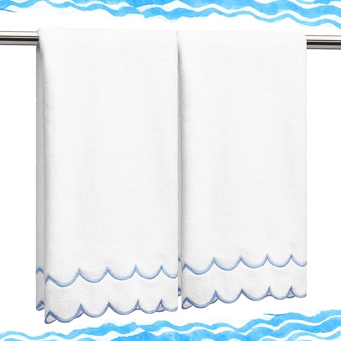 2 Pcs Scalloped Hand Towels 100% Cotton Fingertip Towels for Bathroom 15.75 x 27.56 Inch 600 GSM Cute Soft Absorbent Embroidered Decorative for Home Hotel(Blue,Classic)