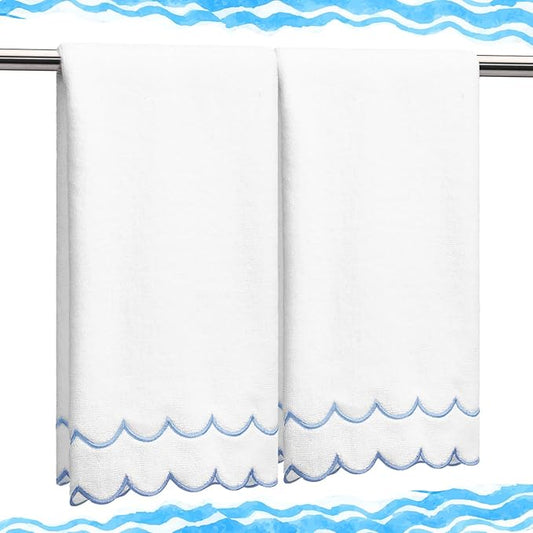 2 Pcs Scalloped Hand Towels 100% Cotton Fingertip Towels for Bathroom 15.75 x 27.56 Inch 600 GSM Cute Soft Absorbent Embroidered Decorative for Home Hotel(Blue,Classic)