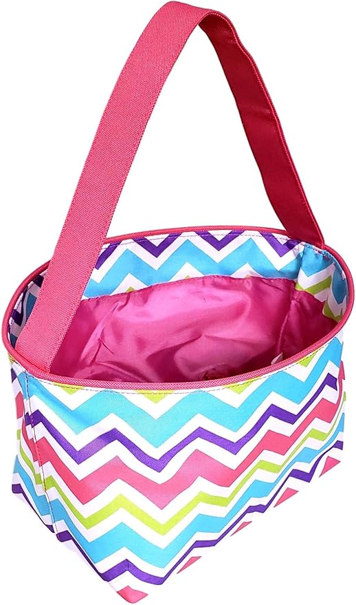 ZIg Zag Chevron Material Easter Basket Bucket for Toys Egg Hunting Party (Pink Chevron with Embroidered Name)