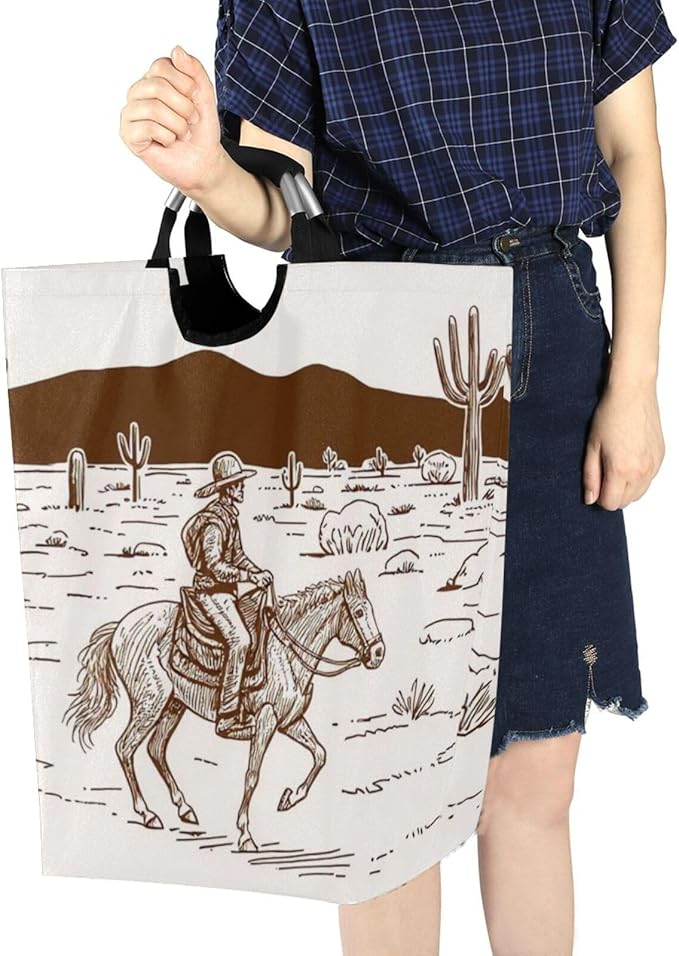 Western Wild West Desert Cowboy Large Laundry Hamper Basket, Foldable Laundry Bag Storage Bins Baskets with Handles for Laundry, Bedroom, Home Decor