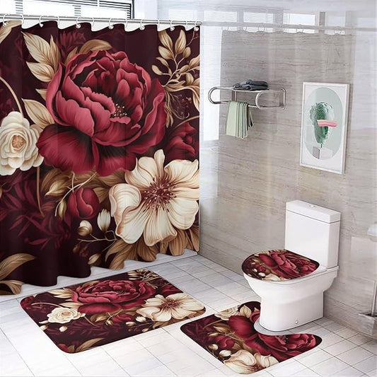 4 Piece Decor Shower Curtains Sets Rug Toilet Lid Cover and Non-Slip U Shape Mat Elegant Burgundy Floral Waterproof Fabric Bath Curtain Red and White Floral for Bathroom Decor Set