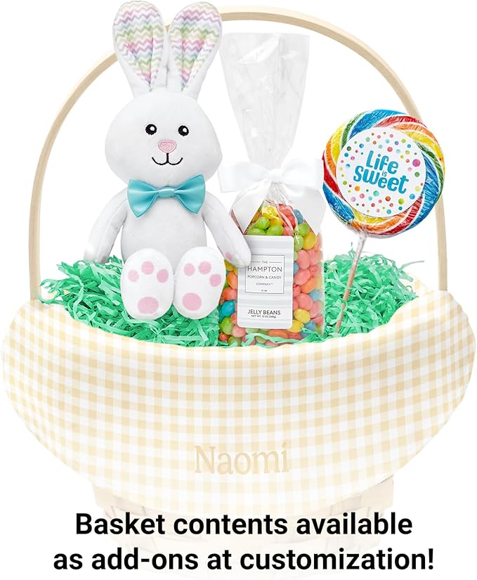 Let's Make Memories Personalized Easter Basket for Kids- For Boys - For Girls - Create Your Own - Fillable - Wicker - Easter Basket Stuffers - Small - Yellow Spring Gingham
