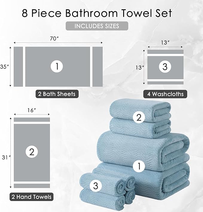 8 Piece Bath Towel Set |2 Oversized Large Bath Sheet,2 Hand Towels,4 Washcloths| Ultra Soft Bath Towel Set for Bathroom Hotel Gym Spa,Highly Absorbent Quick Dry Bathroom Towel Collections,Turquoise