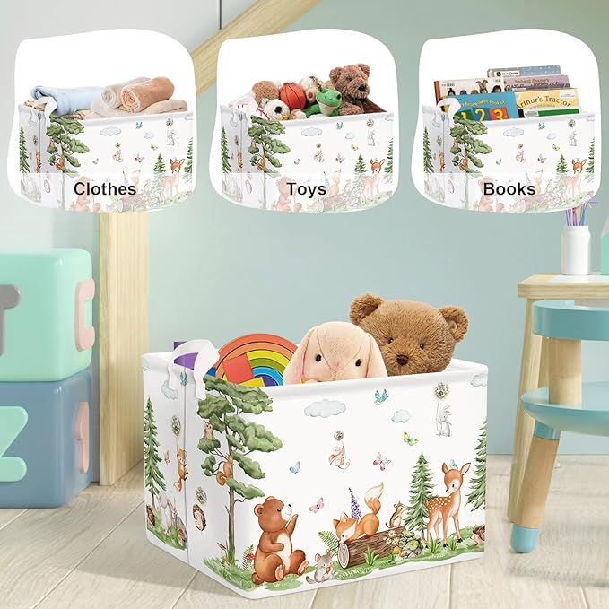 Forest Animals Baby Laundry Hamper Collapsible Clothes Kids Storage Basket Bear Fox Large Boys Girls Gift Toy Box Bin for Nursery, Squirrels, 36L