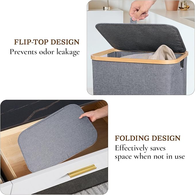 140L Foldable Laundry Baskest with Lid, 2 Section Extra-large Laundry Hamper with Removable Bags and Bamboo Handles for Bathroom, Bedroom & Laundry Room, Grey
