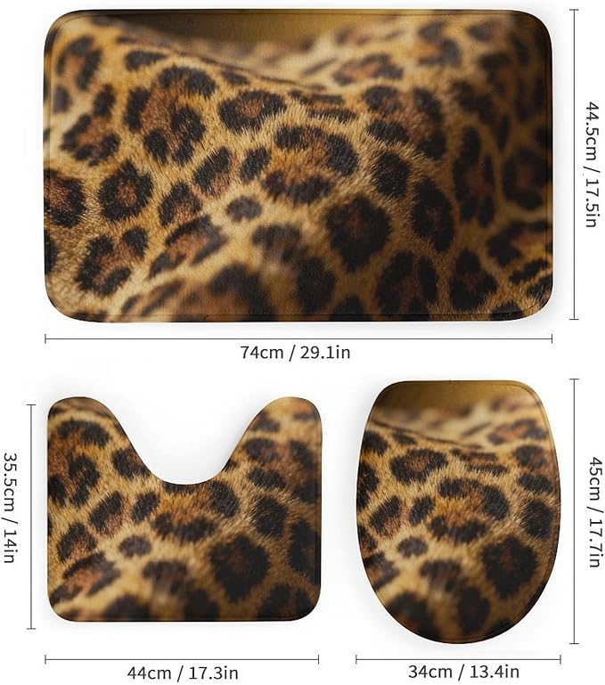 4 Piece Bathroom Rug Set with Shower Curtain, Non-Slip Bath Mat Toilet Cover Set, Leopard Print Bathroom Rug Sets