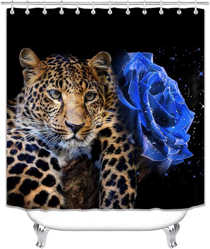 4PCS Blue Rose Leopard Shower Curtain Sets with Rugs, Waterproof Fabric Black Shower Curtain, Modern Romantic Elegant Blooming Floral African Wild Animal Safari Jaguar Cheetah Bathroom Decor