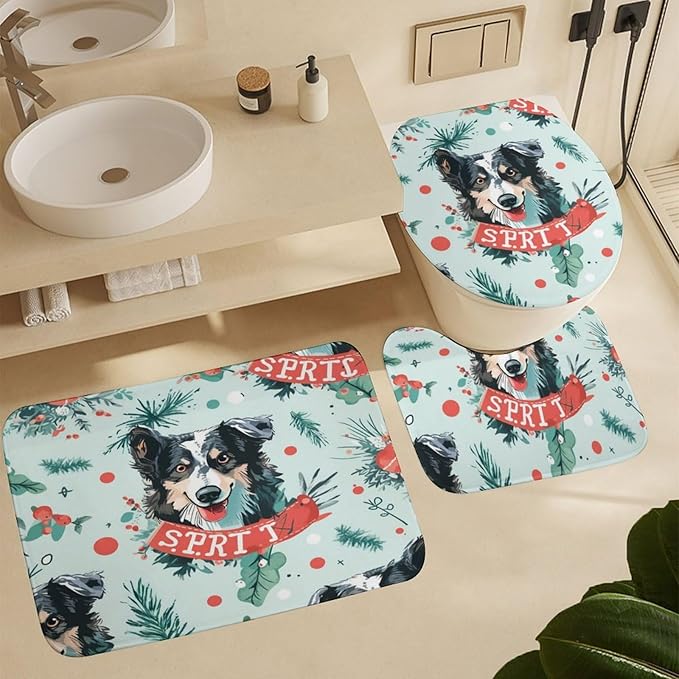 4 Piece Bathroom Shower Curtain Sets with Non-Slip Rugs Toilet Lid Cover and Bath Mat Dog Pet Graphic Waterproof Shower Curtain Best Dog for Bathroom Decor Merry Christmas Shower Curtain Set