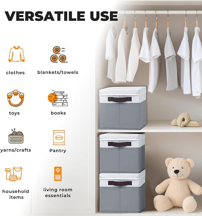 Criusia 6 Set Clothes Storage Bins with Lids - Stackable Fabric Closet Organizers and Storage Baskets for Shelves -Odorless Large Enough for Clothes Blanket Toy Storage -Dorm Room Apartment Essentials