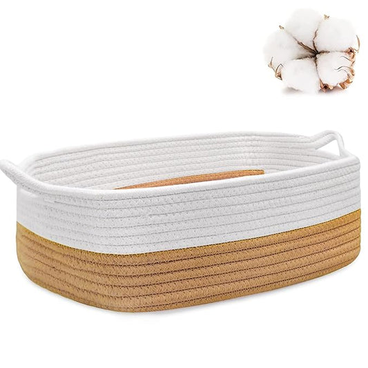 ABenkle Small Storage Basket with Handles, Cotton Rope Woven Dog Cat Toy Bin, Decorative Shelves Closet Organizing for Nursery Laundry Bedroom Bathroom, 14.2''x 11''x 5.1''