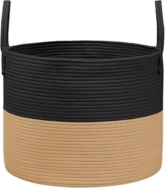 115L Extra Large Blanket Basket for Living Room - Woven Cotton Rope Laundry Hamper with Reinforced Handles - Storage Bin for Pillows, Comforters & Toys - Machine Washable,Black&Jute