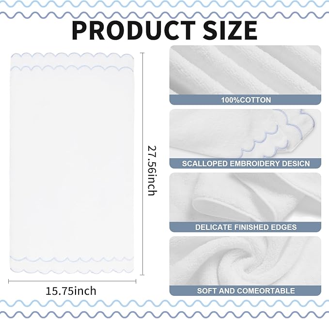 100% Cotton Hand Towels for Bathroom 2 Pcs Scalloped Hand Towels 16 * 27 Inch Embroidered Decorative 600 GSM Soft Absorbent Bath Towel for Spa Yoga Hotel Sport (Blue)