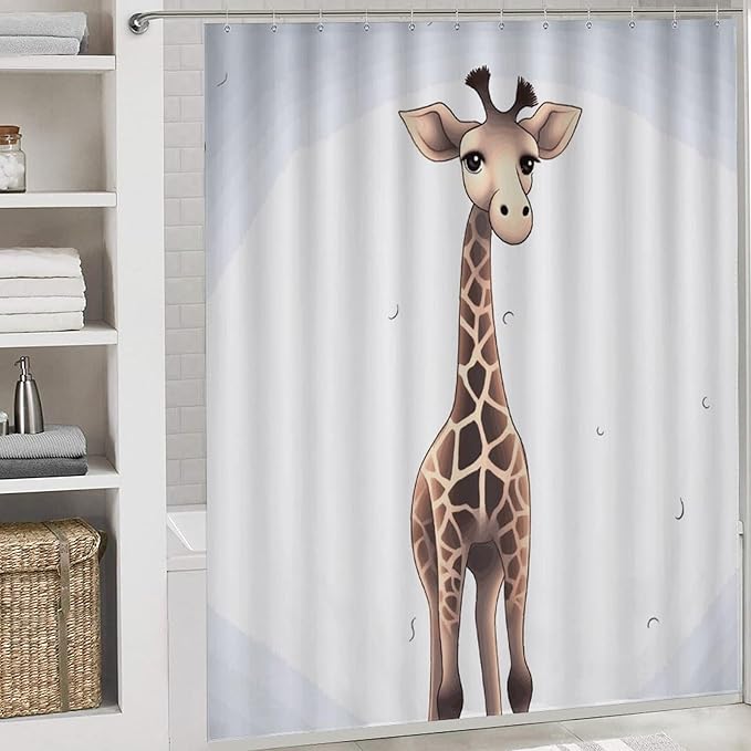 4 Piece Bathroom Rug Set with Shower Curtain, Non-Slip Bath Mat Toilet Cover Set, Cute Giraffe Bathroom Rug Sets