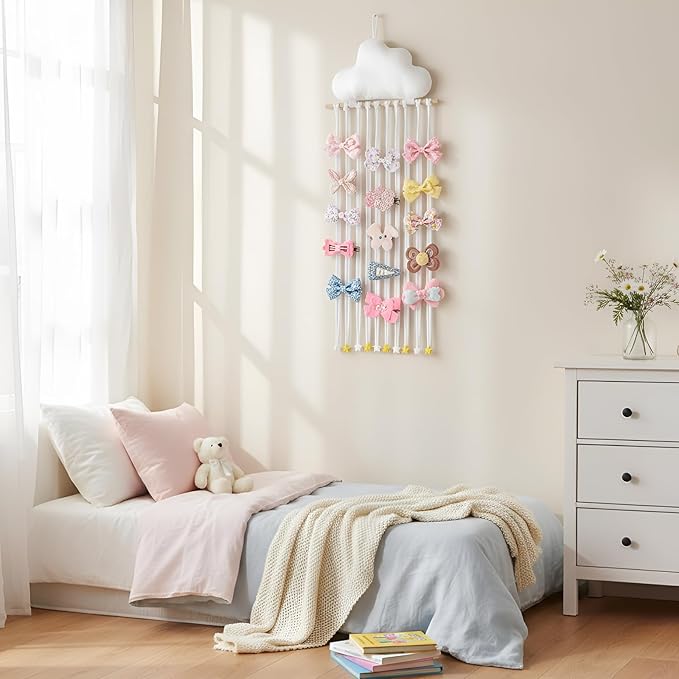Long Bow Holder for Girls Baby White Clouds Hair Bows Clip Organizer 31.5 Inch Baby Hair Accessories Storage Display Hanging Decor for Girls Nursery Room Bedroom Living Room
