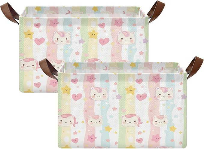 Collapsible Storage Basket With Handles Cartoon Unicorn Lovely Stripes Medium Storage Box for Clothes Organizing Waterproof Foldable Storage Bins 1 Piece