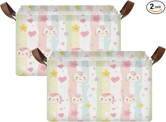 Collapsible Storage Baskets With Handles Cartoon Unicorn Lovely Stripes Medium Storage Box for Clothes Organizing Waterproof Foldable Storage Bins set of 2