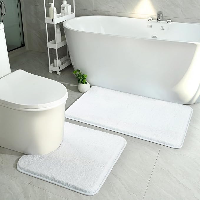 HOMORE White Bathroom Rug Set 2 Piece,Soft Absorbent Bath Mats Set,Machine Washable Bath Rug Sets for Bathroom Non Slip,(21"x34"+21"x21") Plush Shaggy U Shape Contour Toilet