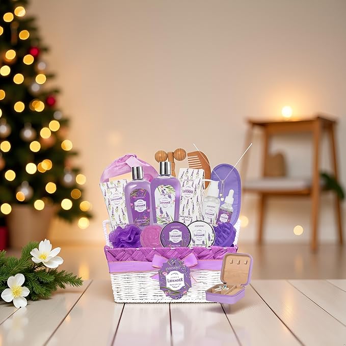Bath Gift Set for Women, 19 Pcs Skin Care Set Lavender & Jasmine Scent XL Spa Gift Basket for Birthday, Mother's Day, Valentine's Day, Christmas, Home Spa Kit, Birthday Gift Basket Bath & Body Care