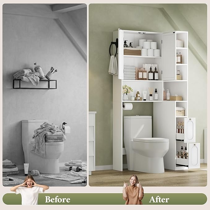7-Tier L-Shaped Over Toilet Storage Cabinet with 2 Drawers, Tissue Holder & Towel Holder, Bathroom Storage Cabinet with 2 Doors & Adjustable Shelf for Bathroom, Laundry Room, White