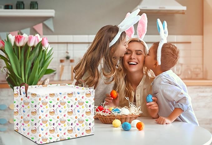 Rectangle Easter Egg Basket,Easter Gift Basket Empty with Handles,Cute Organizer Storage Bin,Books Box,Room Decor(Watercolor Eggs)