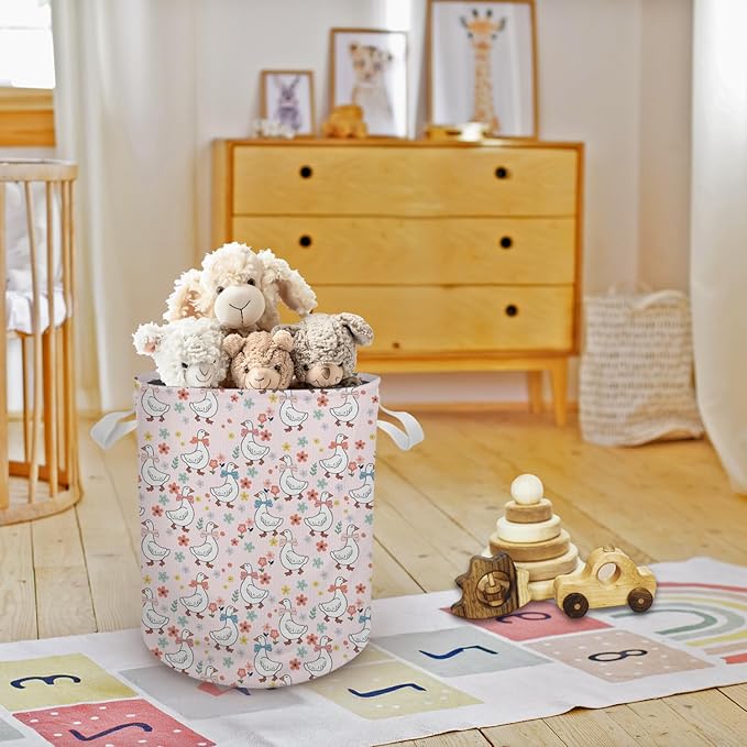 Pink Floral Goose Nursery Laundry Basket, Coquette Bow Cute Goose Laundry Basket Hamper Waterproof Collapsible Clothes Toys Storage Bin for Bedroom Bathroom Kids Room, Toybox for Girls