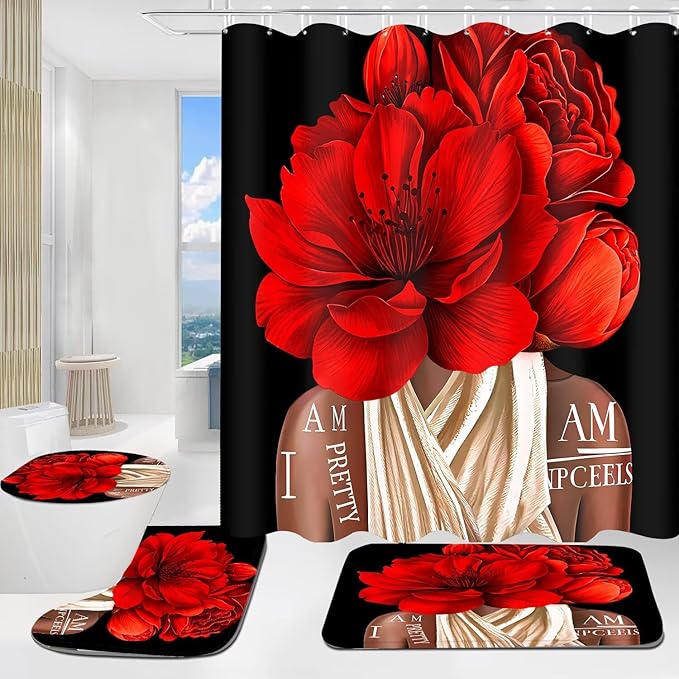 4 Pcs Valentines Red Girl Shower Curtain Sets African American Woman Rose Floral Quotes Non-Slip Rugs Bath Mat Toilet Cover U Shaped Mat Shower Curtain with 12 Hooks Bathroom Set