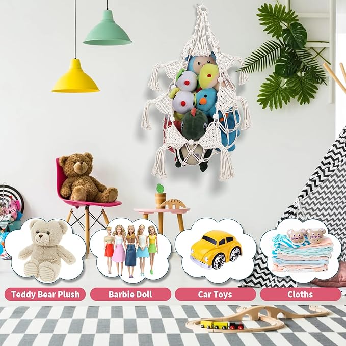 Stuffed Animals Net w/LED Star Light, 56 Inch Jumbo Toy Hammock Hanging Storage Organizer Holder Nursery Décor for Teddy Plushie, Cream Stuffed Animals Hammock Corner for Kid Girls Boys Gift