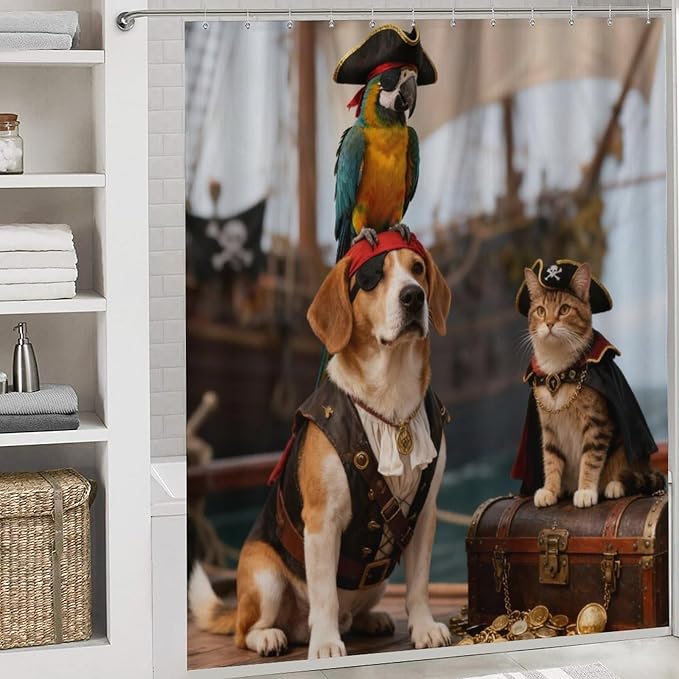 4 Piece Bathroom Rug Set with Shower Curtain, Non-Slip Bath Mat Toilet Cover Set, Dog and Cat Adventure Bathroom Rug Sets