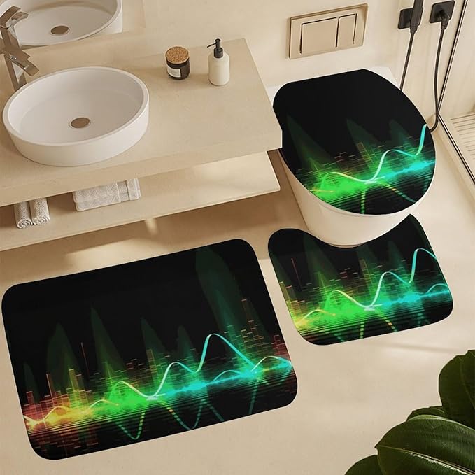 4 Piece Bathroom Rug Set with Shower Curtain, Non-Slip Bath Mat Toilet Cover Set, Cool Music Sound Wave Bathroom Rug Sets