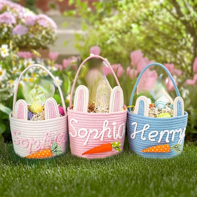 Personalized Easter Basket for Kids, Custom Name Easter Bunny Basket, Easter Egg Hunt Basket, Easter Bucket, Boy Girls Easter Basket (26x20x6cm)