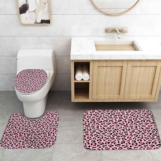 4PCS Pink Leopard Print Shower Curtain Sets With Rugs, Waterproof Fabric Pink Shower Curtain, African Wildlife Safari Animal Cheetah Print Skin Sexy Trendy Chic Aesthetic Modern Bathroom Decor