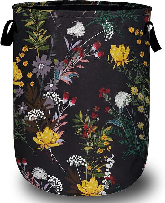Wildflower and Herb Laundry Basket, Spring Flower Laundry Hamper Tote Bag Dirty Clothes Storage Bucket Toy Organizer for Bathroom/Laundry/Bedroom 15.7"x19.6"